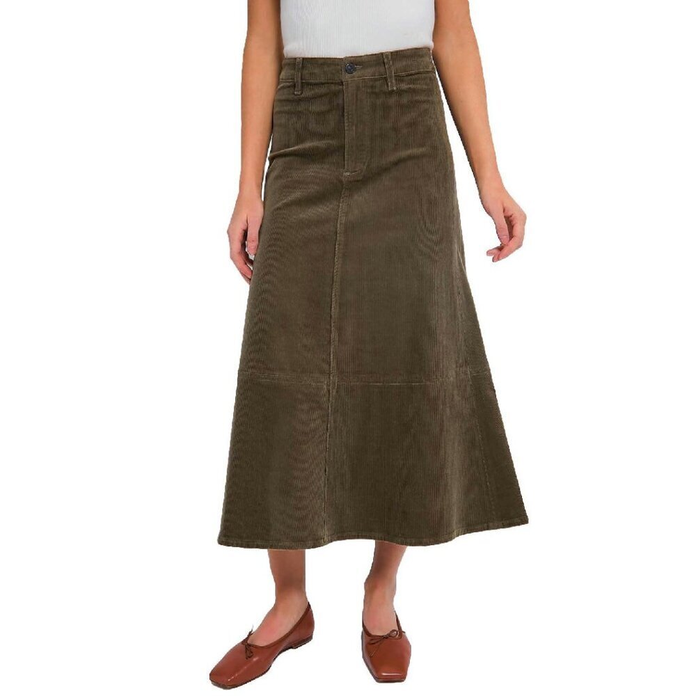 Corduroy Midi Skirt High Waist A-Line Button Front Winter Casual